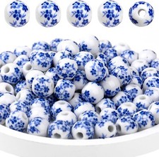 Ceramic Beads, 100Pcs Round Porcelain Beads 8 mm Blue Flower Printed Spacer
