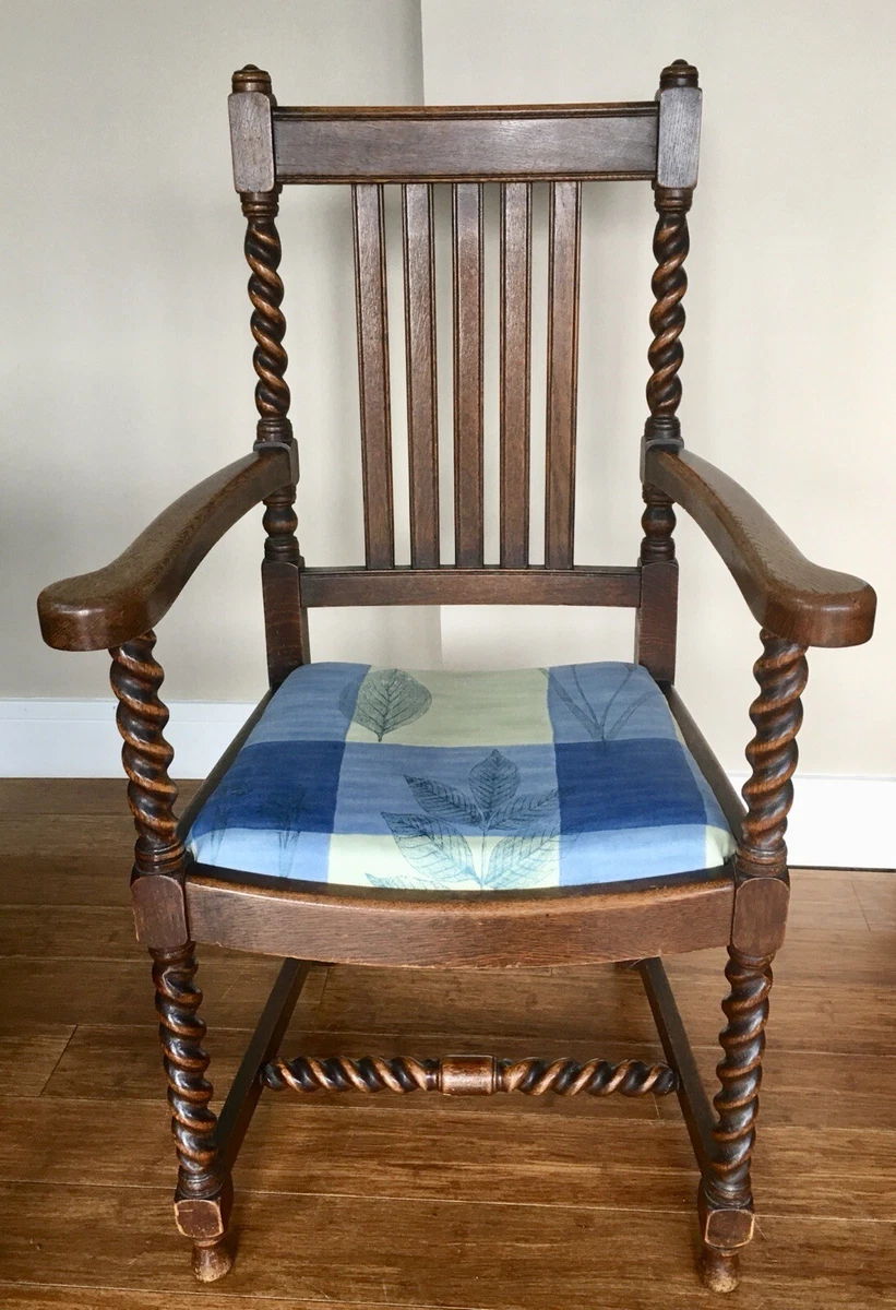 Antique Wooden Barleytwist Oak Carver Chair With Drop In Padded Seat