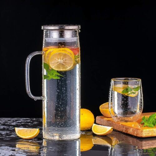 1,5Liter Glas Wasserkaraffe Glaskaraffe mit Deckel Wasserflasche Wasser Glaskrug - Bild 7 von 18