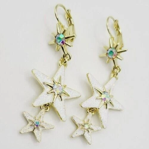 Kirks Folly 3 ESTRELLAS Cristal Palanca Trasera Pendientes Tono Dorado y Blanco Cuelga Foto 3 de 4