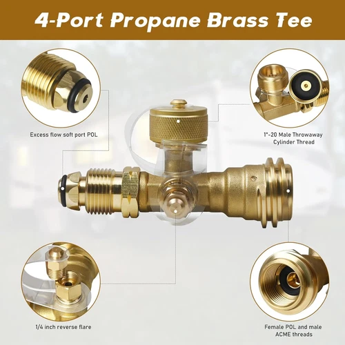 Kit adaptador de camiseta de latón propano, camiseta de latón propano de 4 puertos con manguera de 5 pies y 12 pies - Imagen 6 de 8