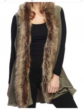 Green Olive Long Vest With Faux Fur Trim. Nwot