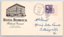 1949 Hotel Berwick Rutland Vermont Advertising Postal Cover