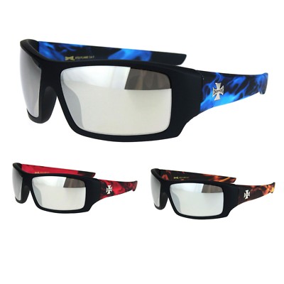 Choppers Mens Silver Mirror Flaming Arm Warp Rectangular Biker Sunglasses