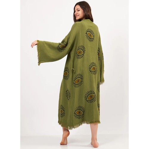 Turkish Cotton Evil Eye Kimono Robe, Beachwear, Bathrobe, Boho, Olive Green - Picture 2 of 3