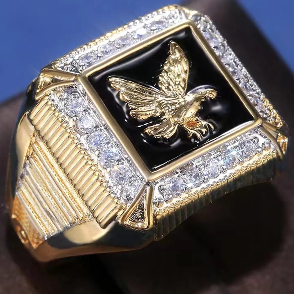 Gold Plated Eagle Ring Polished Rhinestone Cubic Zicronia Gemstones Mens  Womens