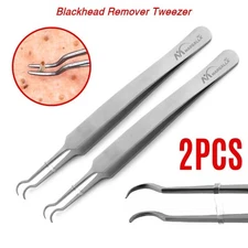 2Pcs Blackhead Remover Tweezers Acne Pimple Blemish Extractor Curved Needle Tool