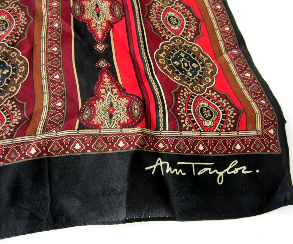 ANN TAYLOR 复古 90 年代丝绸雪纺围巾棕色红色金色佩斯利 70 x 17 — 第 3/3 张图片
