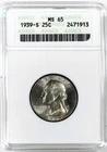 1939 S WASHINGTON QUARTER ANACS MS65! CLASSIC DESIGN! GOTTA HAVE IT! NR #G3678
