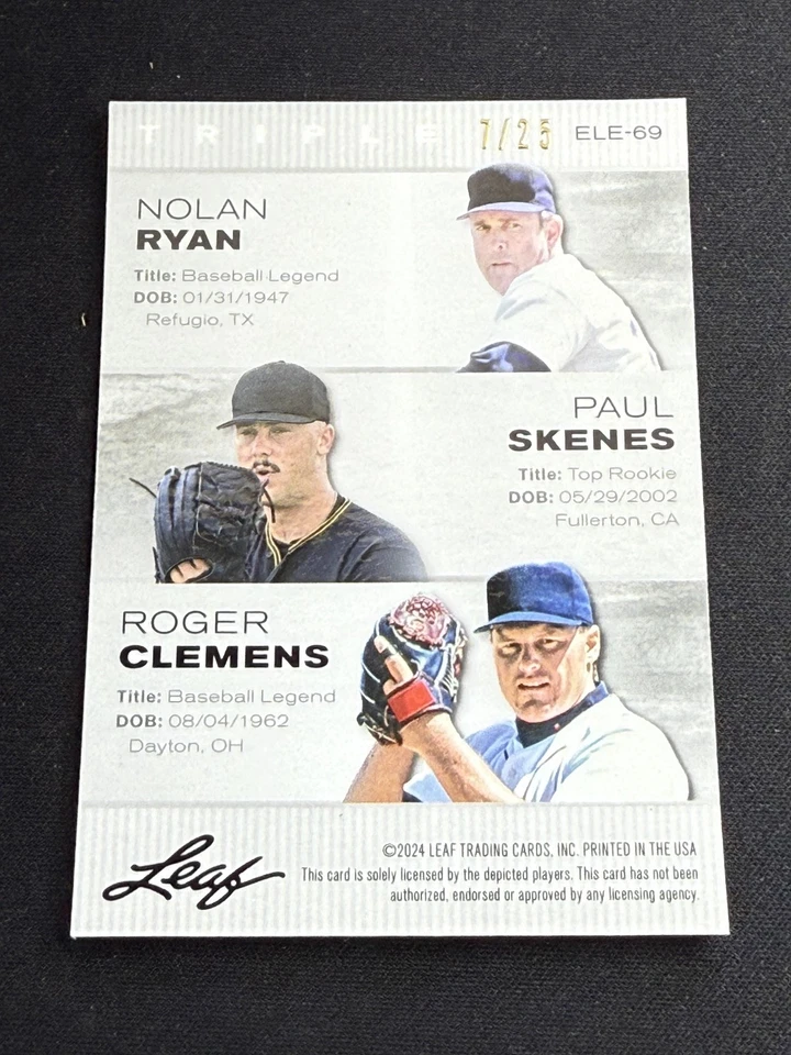 Nolan Ryan / Paul Skenes / Roger Clemens 2024 Leaf Metal Trio / 25 RC Foto 2 de 2