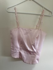 Vintage Women  s Pink Satin Boned Bustier Corset Top Floral Pearl Accents Zip 3-4