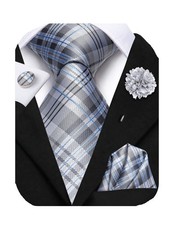 Gray Tie and Flower Lapel Pin Set Silk Plaid Ties for Men Pocket Square Cuffl...