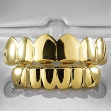 18K Gold IP Plated GRILLZ Top & Bottom Mouth Teeth Hip Hop STAINLESS STEEL Grill