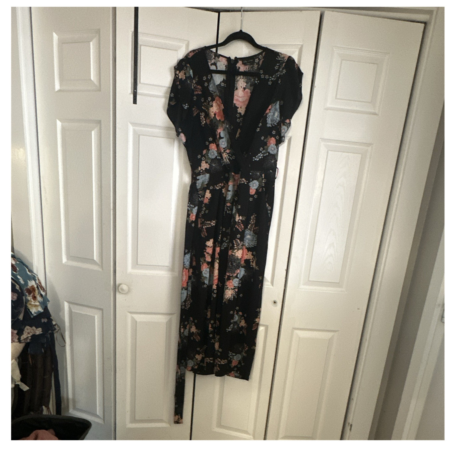 City Chic XS/14 Belted Floral V-Neck Maxi Dress Black Pink Blue Short Sleeve