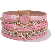 FANCY SHINY Heart Leather Wrap Bracelets Stackable Boho Cuff 7.5 inches, Pink