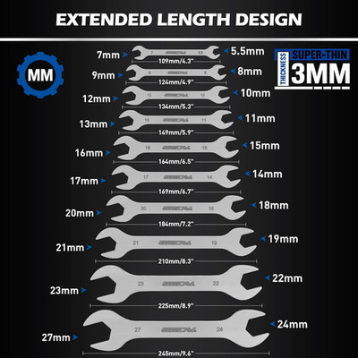 10 Piece Super Thin Open-End Wrench Set Metric 5.5 27Mm 3Mm Thickness Slim