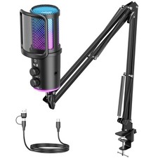 Gaming USB Microphone, Noise Cancellation Condenser Mic with Mute,Boom Black