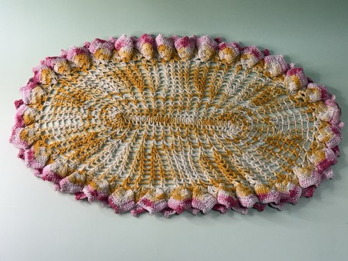 Vintage 1960s Hand Crocheted Doily 18” Dimensional Floral Pink Gold Colorado