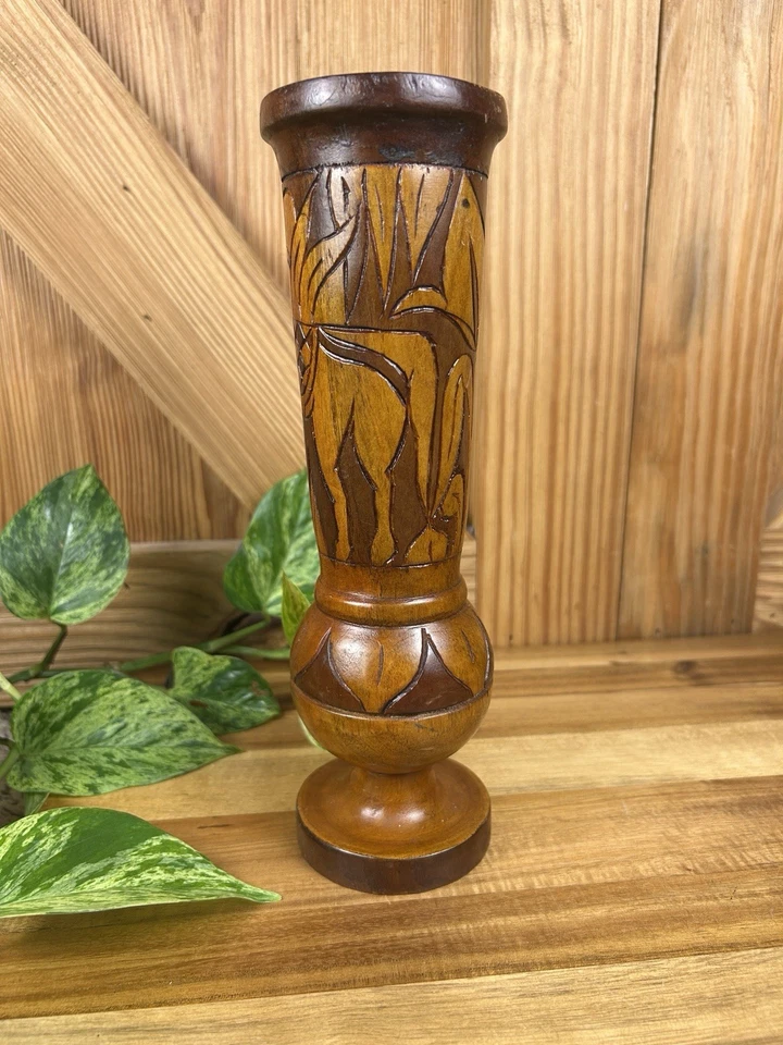 Vaso de madeira vintage boho esculpido à mão 10” rústico boho tribal arte folclórica decoração - Imagem 3 de 4