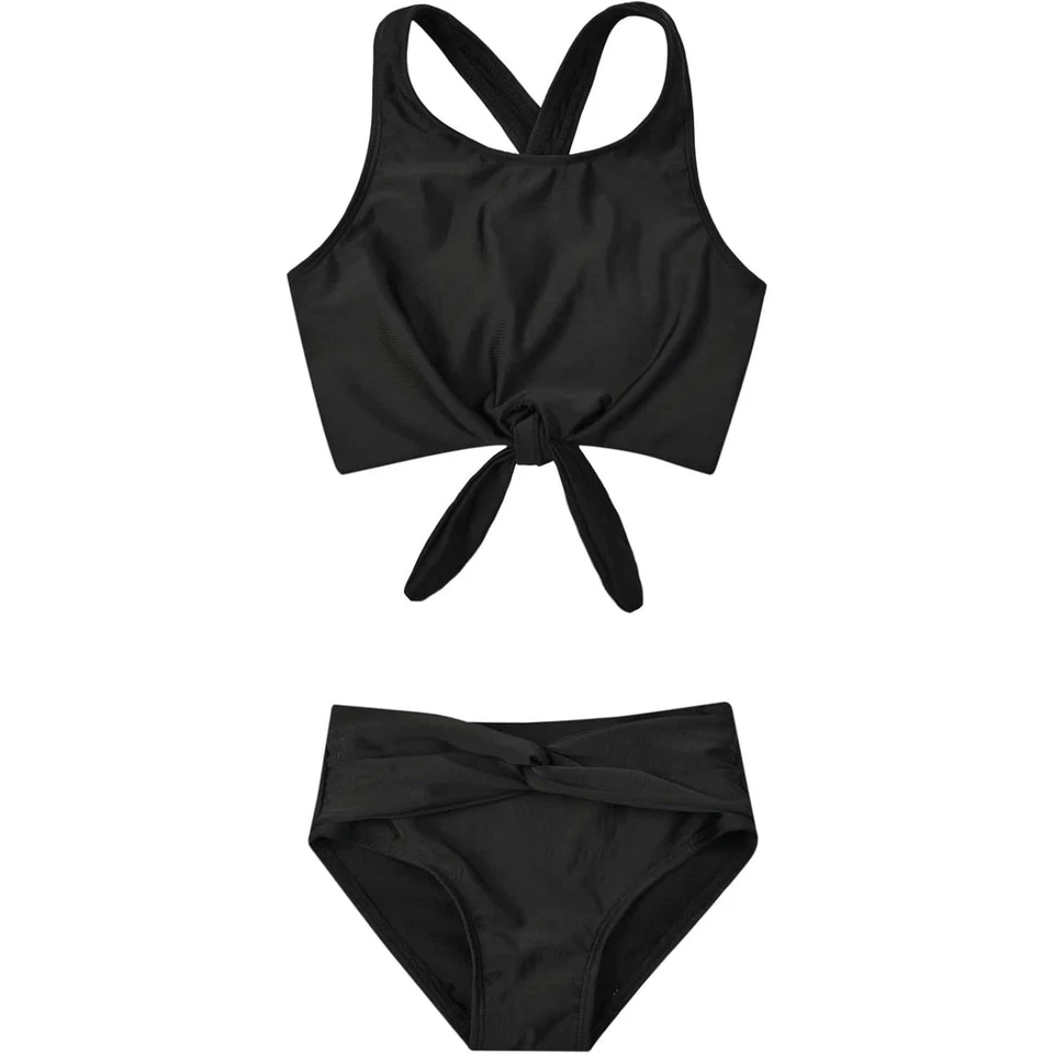 Girls Black Swimsuit Set, Crisscross Back Tankini, Knotted High Waisted 6-7Y - Image 2 of 4