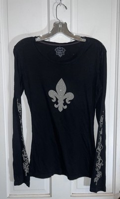 Vintage Y2K Crash And Burn Fleur De Lis Tattoo Sleeve Rhinestone T-Shirt Top M