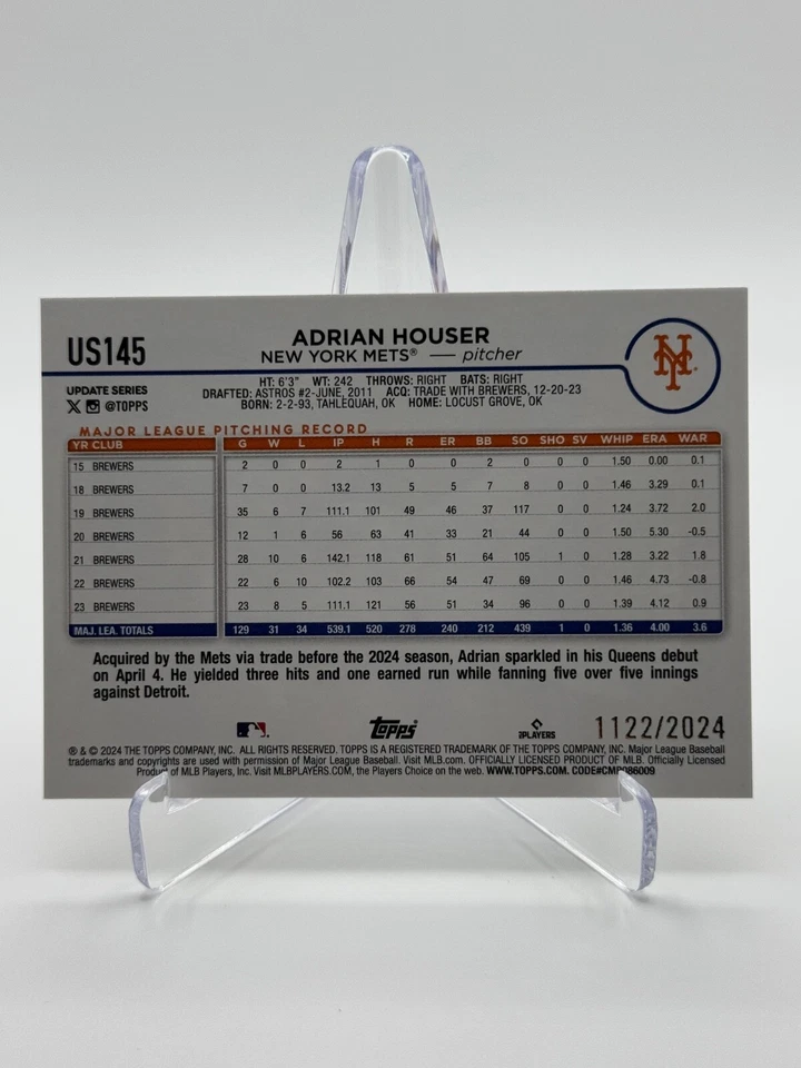 2024 Topps Update #US145 ADRIAN HOUSER | Gold /2024 - Image 2 of 2