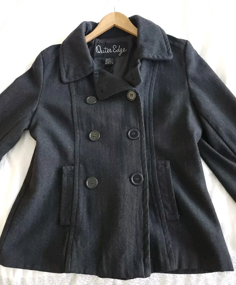 Outer Edge Hooded Pea Jacket BLACK GRAY Double Breasted Pockets Lined Size Large - Image 3 of 4