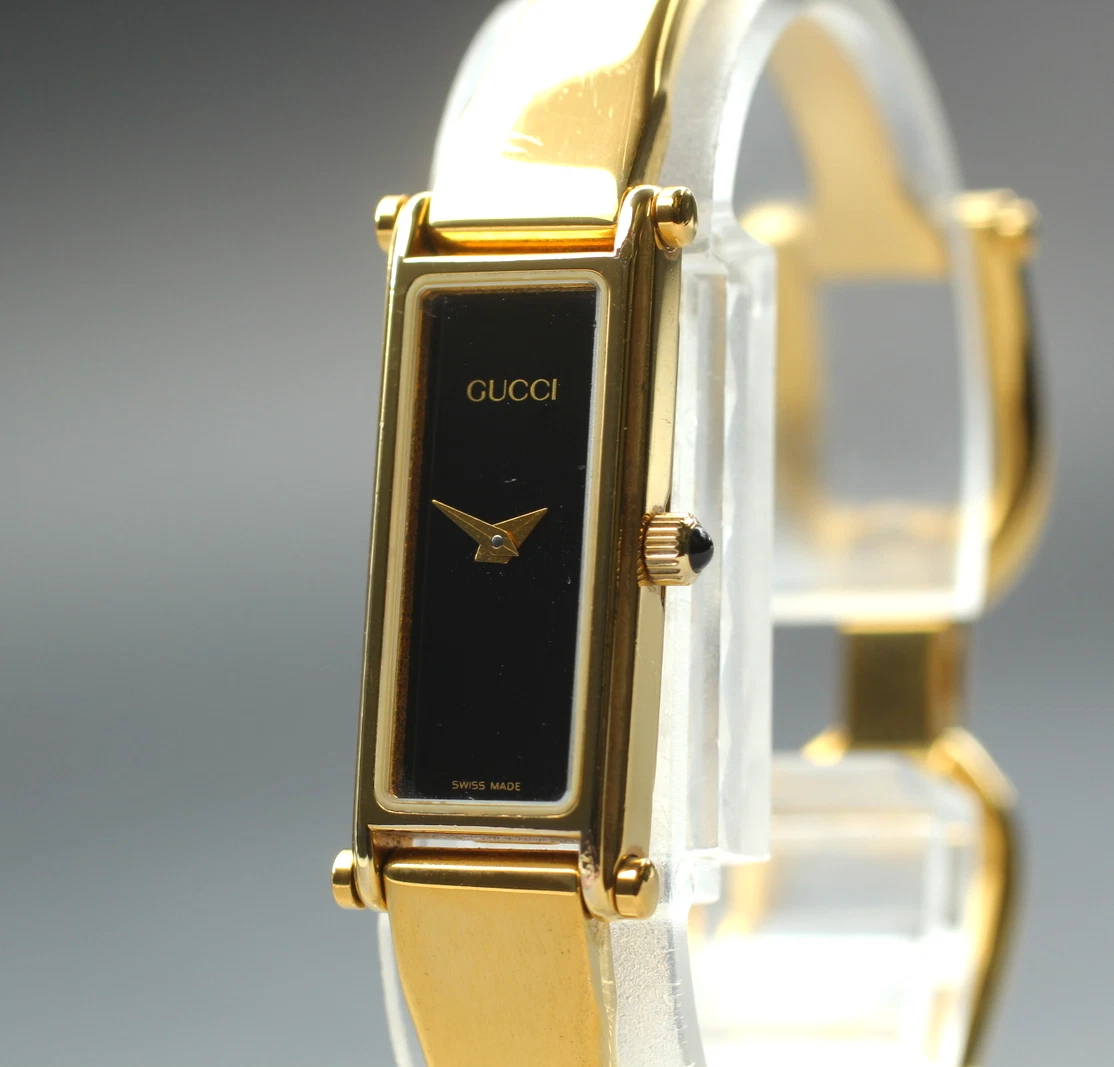 Bracelet vintage [presque comme neuf] GUCCI 1500 doré cadran noir Qz femme du JAPON