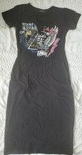 Women sz S black graphic short sleeve bodycon midi music band jersey midi dress