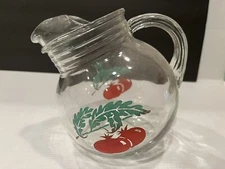 Anchor Hocking Tilt Ball Pitcher w/Ice Lip Ribbed Neck Handle Tomato Vintage