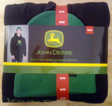 NEW John Deere Men's Fleece Black Hoodie with Green Beanie Sizes S M XL