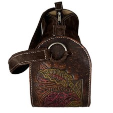 Vtg Hand Tooled Leather Mexican Handbag Suede Mixed Cylindrical Zipper Bohemian