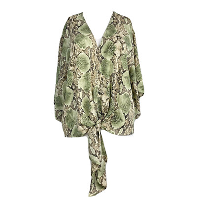 NWT Adrienne Shirt Womens Sz M Green Beige Jungle Python Snake Knotted Blouse