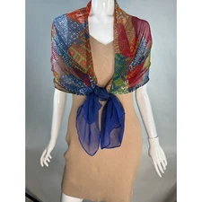 Vintage 90s Mosaic Pattern Sheer Scarf 19" x 65" Multi Color Polyester