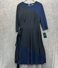 Lauren Ralph Lauren Dress Women 10 Black Blue Long Sleeve Two-Tone Belted A line