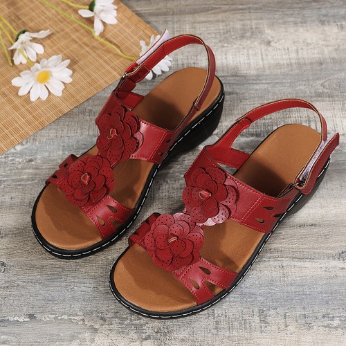 Womens Casual Flower Slingbacks Sandals Shoes Faux Leather Mid Wedge Heels Beach - Picture 6 of 16