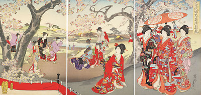 3 Japanese Art Prints Cherry Blossom by Chikanobu Viewing Wall Poster Home Decor