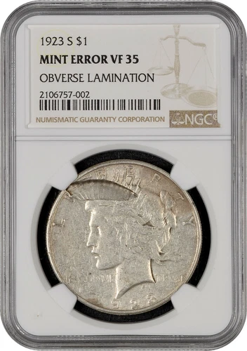 1923 s Peace $ NGC VF35 Huge Obverse Lamination Very Rare Error