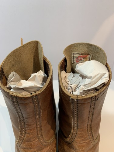 Stivali stringati vintage ala rossa marrone pelle punta moc 5 1/2 D anni '60-1970 - Foto 13 di 14