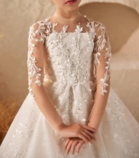 Long Sleeve Flower Girl Wedding First Communion Dress Tulle Applique Sweep Train