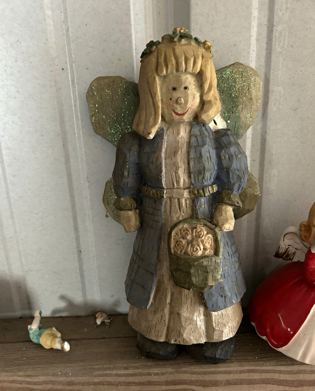 Carved Painted Wood Fairy Figurine, Blue Coat, Green Glitter Wings, Fantasy