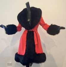 Vtg Lilli Ann Red Orange Knit Black Shearling Fur Trimmed Princess Coat 60s 70s