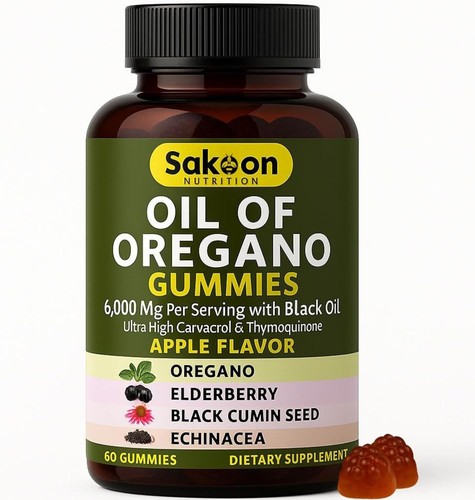 Oil of Oregano Gummies 6000mg w/ Black Cumin Seed, Elderberry, Echinacea - 60 ct