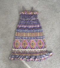 Women’s Purple Multicolor Geometric Boho Smocked Strappy Long A-Line Dress