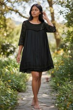 UMGEE Lace & Fringe Trim Black Crinkle Texture Mini Shift Dress Women's S Beachy
