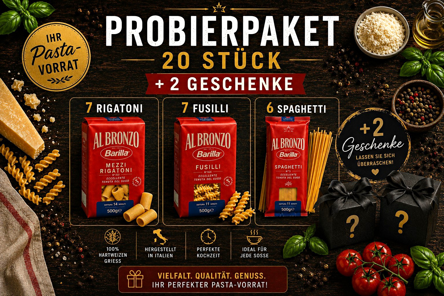 Probierpaket 20 Stk Barilla Al Bronzo Rigatoni Fusilli Spaghetti Nudeln & Pasta