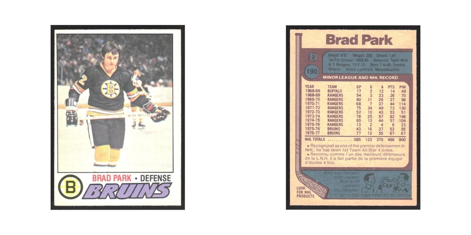 1977 O-Pee-Chee Brad Park Boston Bruins #190 - Image 3 of 3