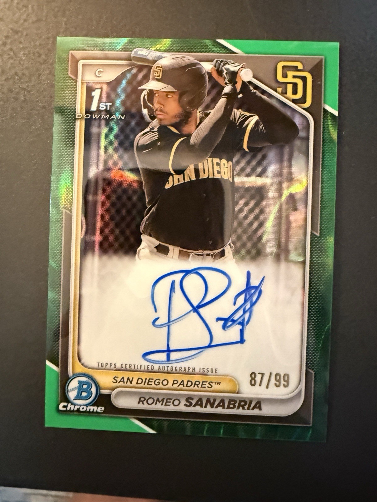2024 Bowman Chrome - 1st Auto Romeo Sanabria True Green Refractor #/99 Padres