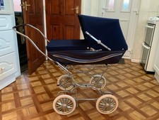 Vintage Silver Cross Pram with Navy Cord and Floral Interior Coach Built