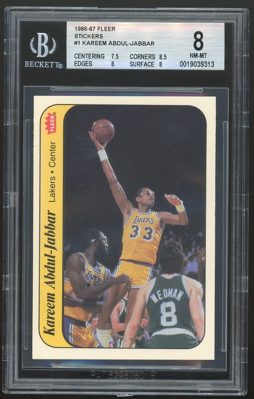 1986 FLEER STICKERS #1 KAREEM ABDUL-JABBAR BGS 8 NM-MT (7.5, 8.5, 8, 8)